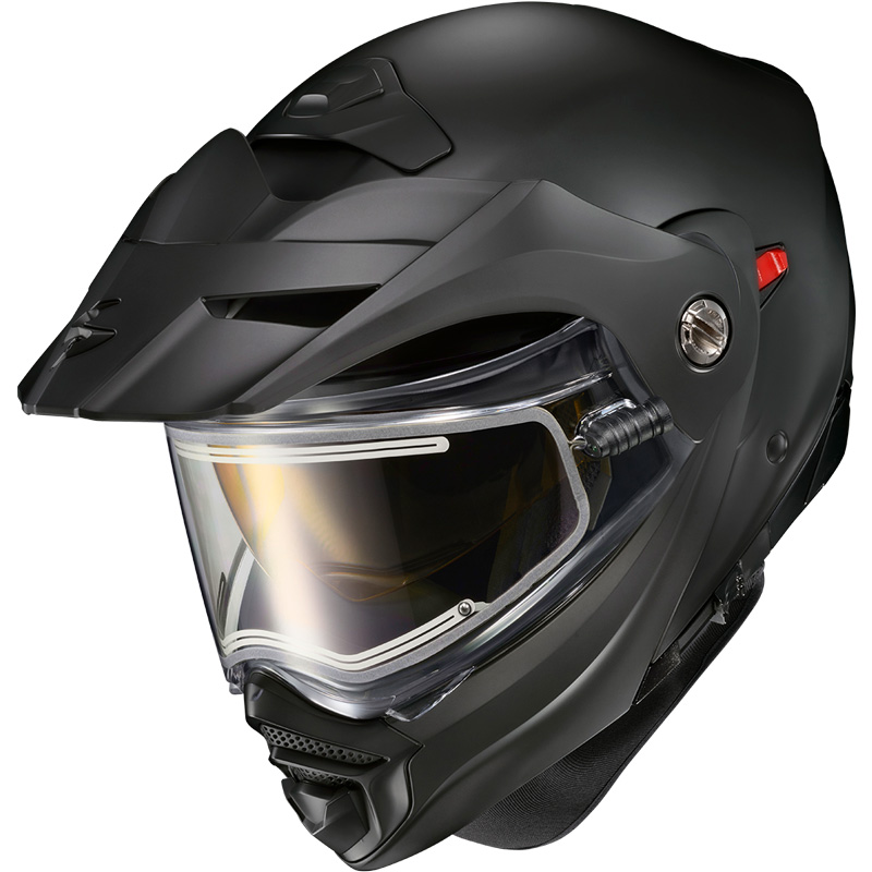 scorpion black silver exo-at950 snow helmet w electric shield 75-15153x EXOAT950 Adventure bar can conveniently flip up when you stop to get gas or chat Scorpion EXO-AT950 Electric Shield