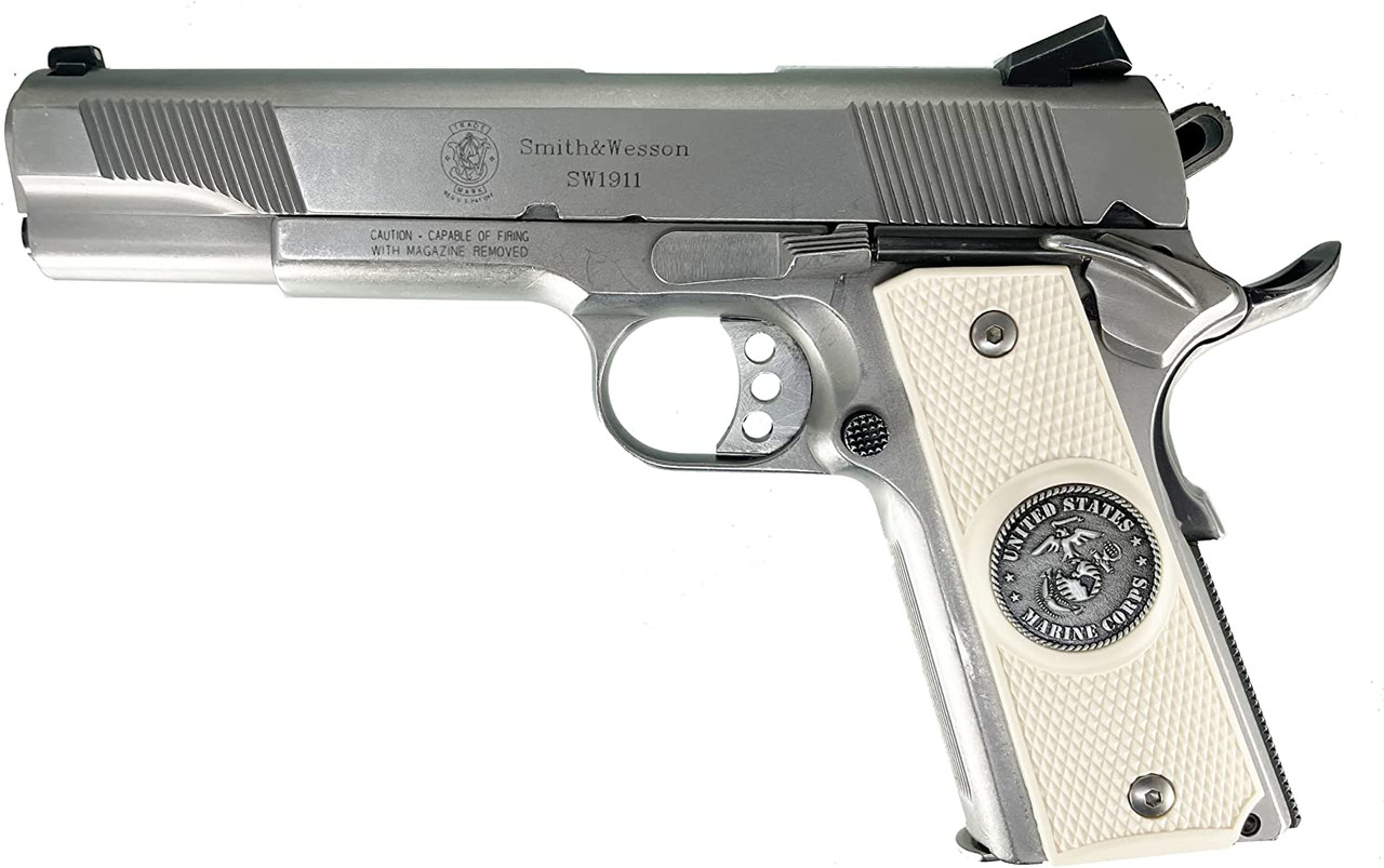 Garrison Grip Ambi Cut 1911 Colt A1 Government / Commander and Clones (Gun No Included) with USMC Silver Tone Medallion Set in Ivory White ABS. Stainless Grip Screws and Wrench Included.