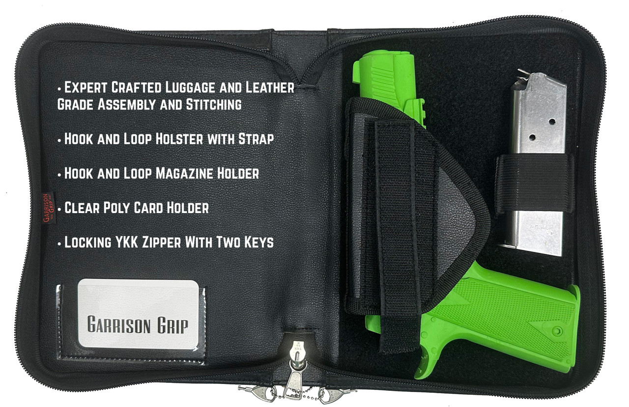 Garrison Grip Exclusive High-End Vegan Faux Leather Locking Day Planner Case for Large and Medium Pistols Including Colt 1911 Sig Sauer P365 GLOCK 17 and 19 and more. See Interior Dimensions Below