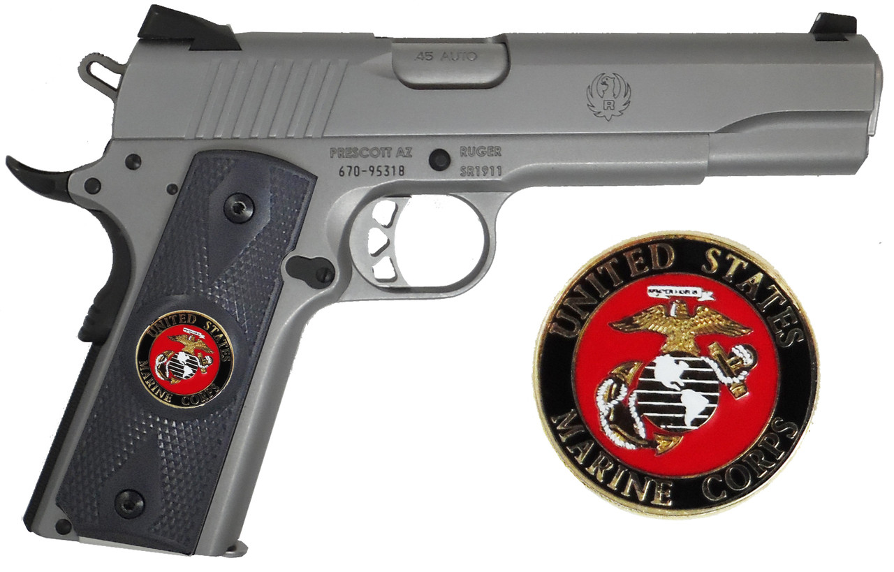 Garrison Grip 1911 Colt A1 Full Size and Clones (Grips Only) with US Marine Corps  Colored Medallion Set in Diamond Ebony Black Colored ABS 