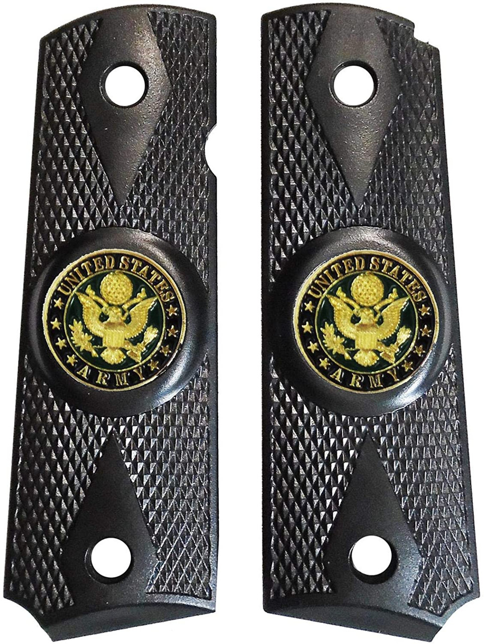 Garrison Grip 1911 Colt A1 Full Size and Clones (Grips Only) with US Army Colored Medallion Set in Double Diamond Ebony Black Colored ABS 