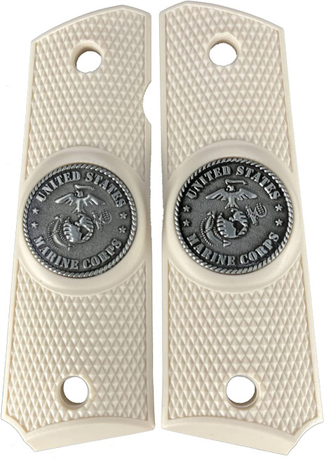 Marine (USMC) Themed Ambi Safety Cut 1911 Grips for Colt A1 Government / Commander Full Size and Clones (Grips Only) with USMC Pewter Medallion Set in Solid High-Grade White Ivory Colored ABS 