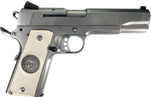 Marine (USMC) Themed Ambi Safety Cut 1911 Grips for Colt A1 Government / Commander Full Size and Clones (Grips Only) with USMC Pewter Medallion Set in Solid High-Grade White Ivory Colored ABS 