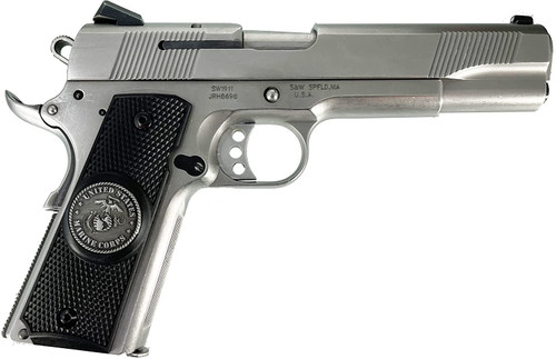 Marine (USMC) Themed Ambi Safety Cut 1911 Grips for Colt A1 Government / Commander Full Size and Clones (Grips Only) with USMC Pewter Medallion Set in Solid High-Grade Ebony Black Colored ABS