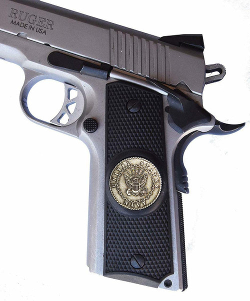 Garrison Grip Premium Ebony Colored Ambi-Cut Polymer Grips for Full Size Colt 1911 A1 or Commanders and Clones (Grips ONLY) with US Navy Platinum Style Medallions.