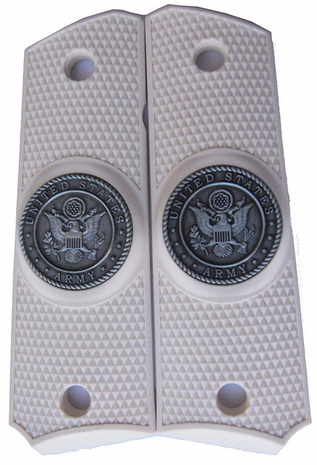 Army Themed Ambi Safety Cut 1911 Grips for Colt A1 Government / Commander Full Size and Clones (Grips Only) with US Army Pewter Medallion Set in Solid High-Grade Light Ivory Colored ABS (GRIP-LI-11-SOLID-PEW-ARMY-WHT)