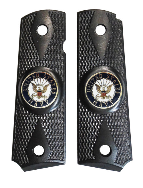 Garrison Grip 1911 Colt A1 Full Size and Clones (Grips Only) with US Navy Colored Medallion Set in Double Diamond Ebony Black Colored ABS 