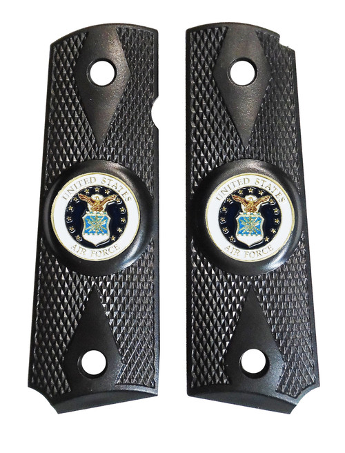 Garrison Grip 1911 Colt A1 Full Size and Clones (Grips Only) with US Air Force Colored Medallion Set in Double Diamond Ebony Black Colored ABS 