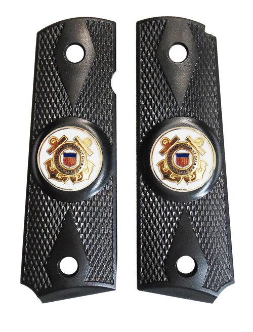 Garrison Grip 1911 Colt A1 Full Size and Clones (Grips Only) with US Coast Guard Colored Medallion Set in Double Diamond Ebony Black Colored ABS 