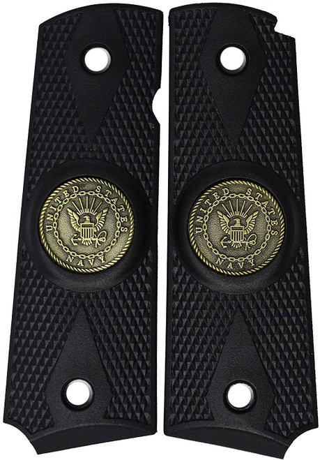  Garrison Grip 1911 Colt A1 Full Size and Clones (Grips Only) with US Navy Pewter Medallion Set in Double Diamond Ebony Black Colored ABS 