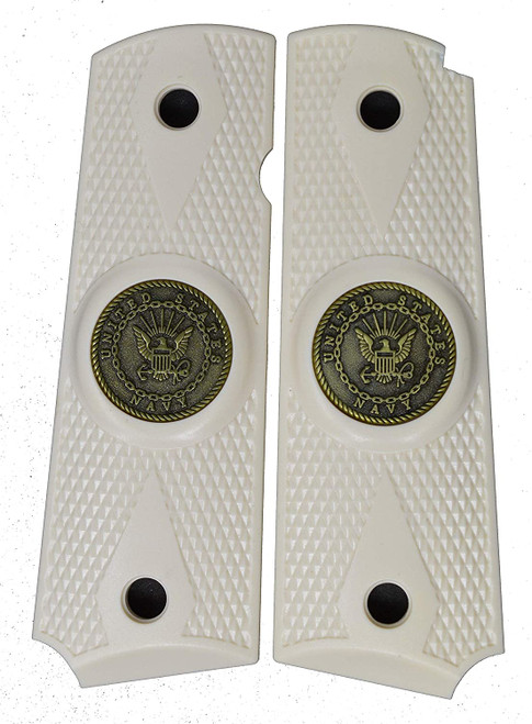 Garrison Grip 1911 Colt A1 Full Size and Clones (Grips Only) with US Navy Pewter Medallion Set in Double Diamond White Ivory Colored ABS 