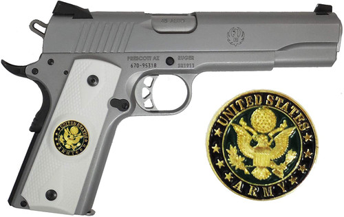 Army Themed Left Side Safety Cut 1911 Colt A1 Government / Commander Full Size and Clones (Grips Only) with US Army Colored Medallion Set in Double Diamond White Ivory Colored ABS (GRIP-LI-11-DMOND-COL-ARMY-WHT)