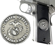 Garrison Grip Ambi Cut 1911 Colt A1 Government / Commander and Clones (Gun Not Included) with USMC Silver Tone Medallion Set in Ebony Black Colored ABS. 