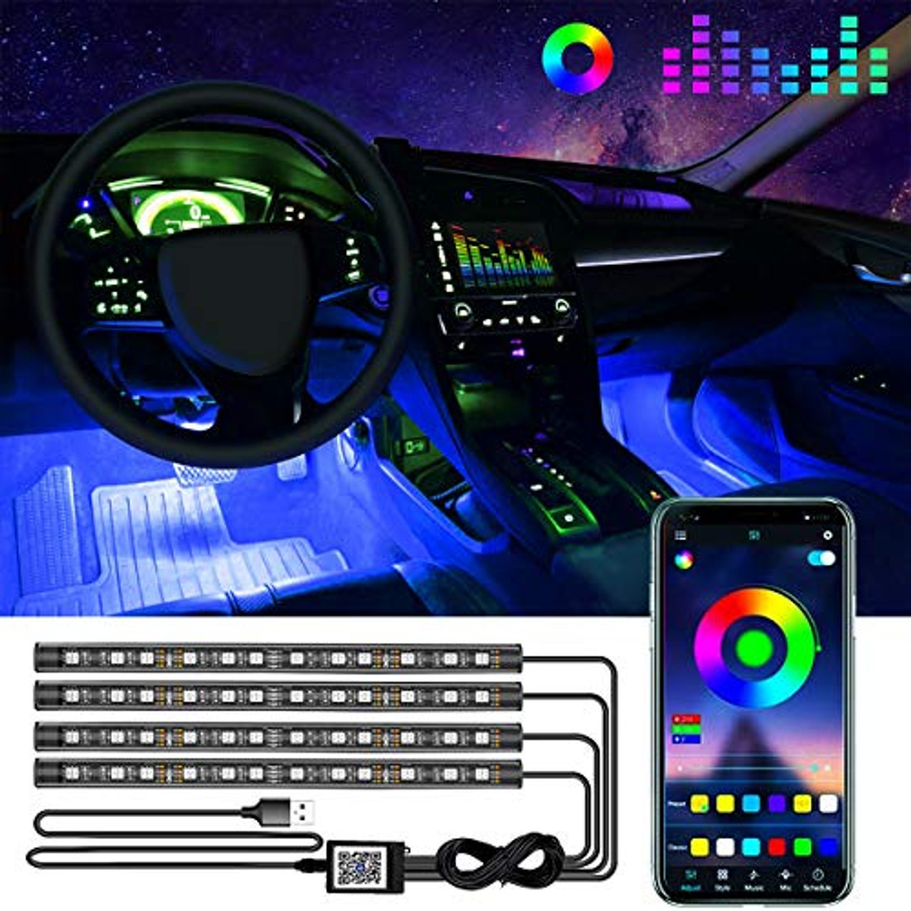 Auto-LED-Innenbeleuchtung, 4 Stück, 48 LEDs, wasserdicht, mehrfarbig,  Musik, Auto-LED-Streifen, unter dem Armaturenbrett, Beleuchtungsset mit  Sound-Aktiv-Funktion, DC 5 V – APP-Steuerung + Smart-USB-Anschluss –  OceanBargains