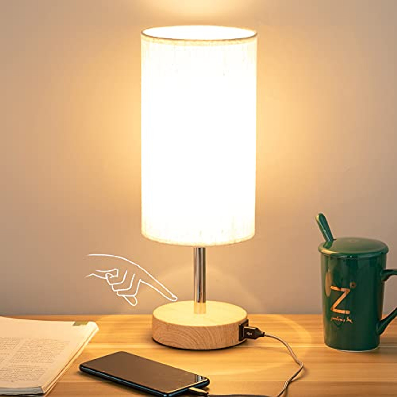 Noční lampa s portem USB – stolní lampa s dotykovým ovládáním do ložnice  Dřevěná 3cestná stmívatelná lampa na noční stolek s kulatým stínidlem z  lněné látky pro obývací pokoj Kolej Domácí kancelář (