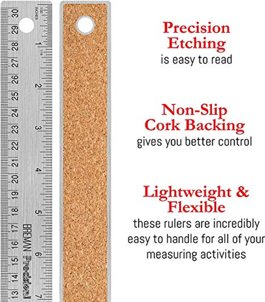 Breman Precision Metal Rulers 12 Inch - Stainless Steel Corked
