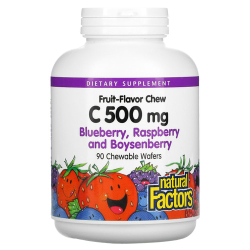 Natural Factors  Fruit-Flavor Chew Vitamin C  Blueberry  Raspberry and Boysenberry  500 mg  90 Chewable Wafers
