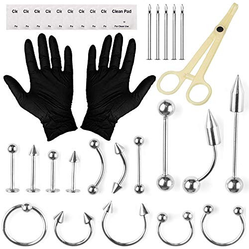 Piercing Kit - Autdor 33Pcs Professional Body Piercing Kit Includes Piercing Jewelry Piercing Needles 14G 16G Piercing Clamps Belly Ring Tongue Tragus Nipple Lip Nose Ring Body Piercing Tools