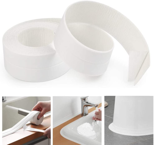 AurGun Caulk Strip  Self-Adhesive Sealing Tape PE Waterproof Decorative Sealant Trim for Kitchen  Bathroom  Shower Floor and Wall Edge Protector-(White  131.8x1.5 Inches)
