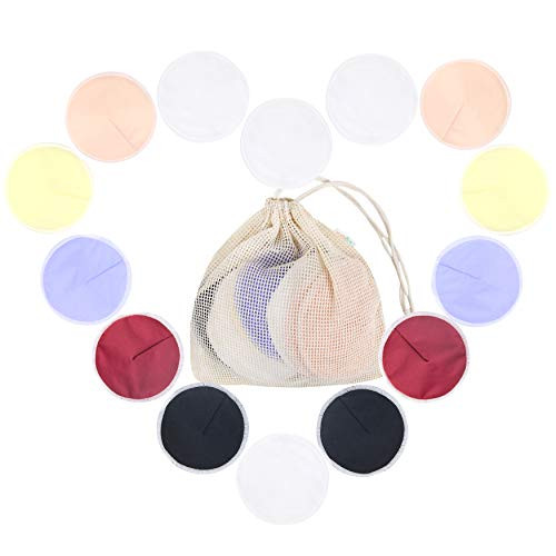 Langsprit Leak-Proof Reusable Bamboo Nursing Pads(14 Pack) Super Absorbent Washable Breast Pads with Laundry Bag (Multicolored  Contoured)