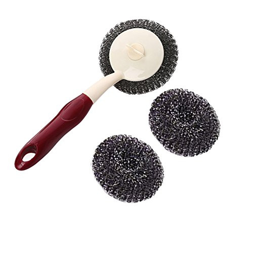 Kxtffeect Set of 1 Multipurpose Stainless Steel&Plastic Wire Scrubbers-Dish/Pot/Coffeemaker/Sink Brushes 1 Handle and 3Pcs of Scouring/Cleaning Steel Wire Balls