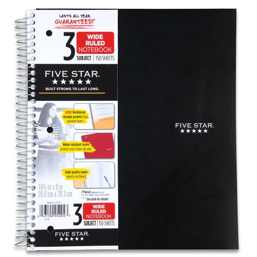 Five Star Spiral Notebook  3 Subject  Wide Ruled Paper  150 Sheets  10-1/2" x 8"  Black (73094)