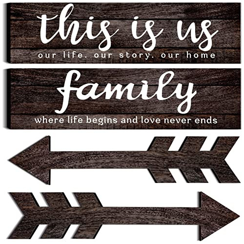 Jetec 4 Pieces This is Us Rustic Print Wooden Signs Wooden Family Signs Family Wooden Hanging Sign Decorations for Home Bedroom Living Room Kitchen Laundry  15 x 4 x 0.2 Inch (Coffee)