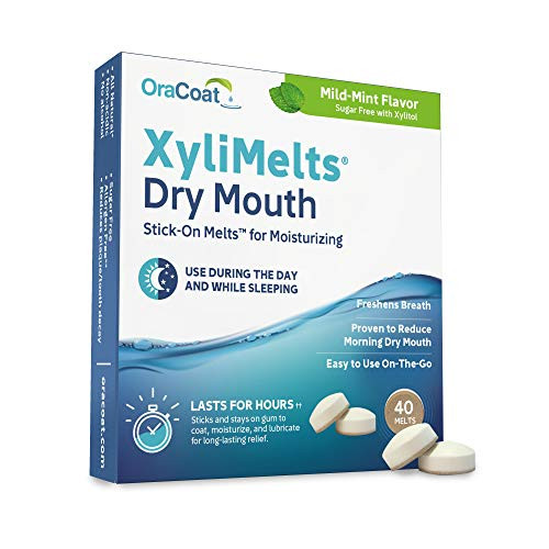 OraCoat XyliMelts Dry Mouth Relief Moisturizing Oral Adhering Discs Mild Mint with Xylitol  for Dry Mouth  Stimulates Saliva  Non-Acidic  Day and Night Use  Time Release for up to 8 Hours  40 Count