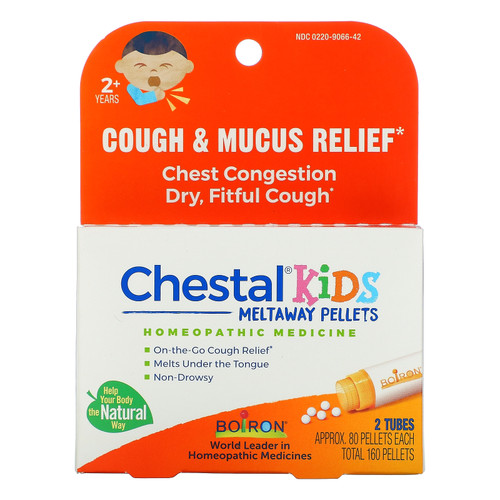Boiron  Chestal Kids Meltaway Pellets  Cough & Mucus Relief  2+ Years  2 Tubes  Approx. 80 Pellets Each