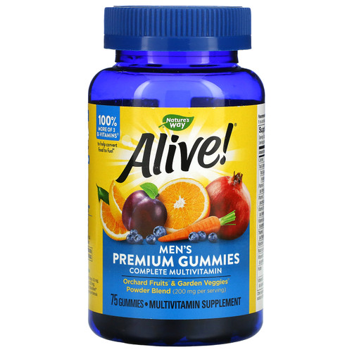Nature's Way  Alive! Men's Premium Gummies  Complete Multivitamin  Orange  Grape & Cherry  75 Gummies