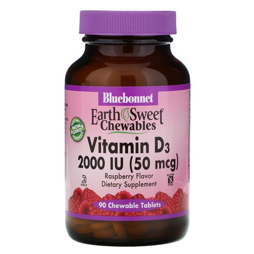 Bluebonnet Nutrition  EarthSweet Chewables  Vitamin D3  Natural Raspberry Flavor  2 000 IU  90 Chewable Tablets