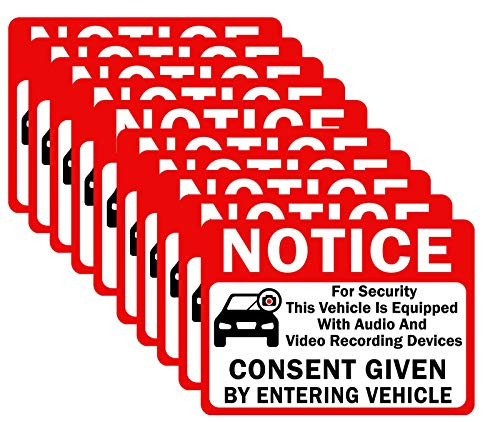 10-Pack Double Sided 3.5"x2.5" - Notice Vehicle is Equipped with Audio and Video Recording Devices Consent by Entering Car Sticker-Vinyl Decal  UV Protected  Waterproof  Indoor&Outdoor Use