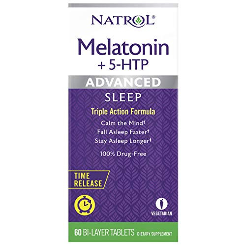 Natrol Melatonin + 5 HTP Advanced Sleep Time Release Bi-Layer Tablets, Triple-Action Formula, Calm the Mind, Helps You Fall Asleep Faster, Stay Asleep Longer, 100% Drug-Free, 6mg, 60 Count