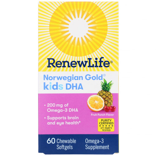 Renew Life  Norwegian Gold  Kids DHA  Fruit Punch Flavor  200 mg  60 Chewable Softgels