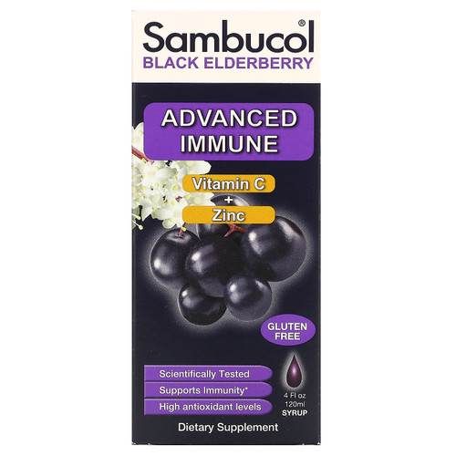 Sambucol  Black Elderberry Syrup  Advanced Immune  Vitamin C + Zinc  Natural Berry  4 fl oz (120 ml)