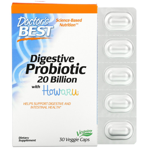 Doctor's Best  Digestive Probiotic with Howaru  20 Billion CFU  30 Veggie Caps