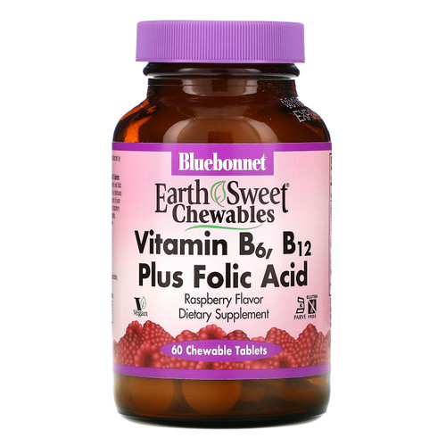 Bluebonnet Nutrition  Earth Sweet Chewables  Vitamin B6  B12 Plus Folic Acid  Raspberry  60 Chewable Tablets