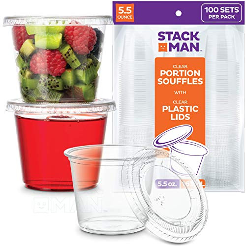 [100 Sets - 5.5 oz.] Plastic Cups with Lids  Clear Portion Cups  Disposable Snack Cups  Yogurt Cups  Parfait Cups  Pudding Cups  Souffle Cups  Dessert Cups  Disposable Containers with Lids 5.5oz.