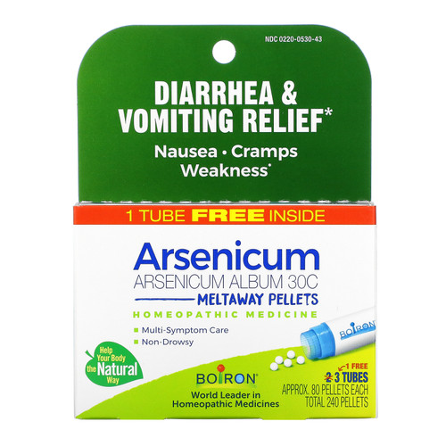 Boiron  Arsenicum  Diarrhea & Vomiting Relief  Meltaway Pellets  30C  3 Tubes  80 Pellets Each