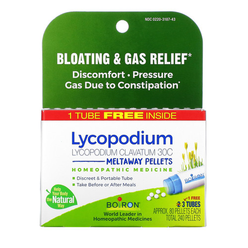 Boiron  Lycopodium  Bloating & Gas Relief  Meltaway Pellets  30C  3 Tubes  80 Pellets Each