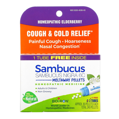 Boiron  Sambucus  Cough & Cold Relief  Meltaway Pellets  6C  3 Tubes  Approx. 80 Pellets Each