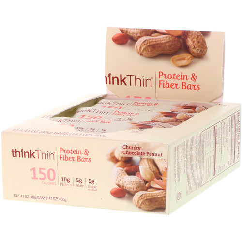 Think !  Protein & Fiber Bars  Chunky Chocolate Peanut  10 Bars  1.41 oz (40 g) Each