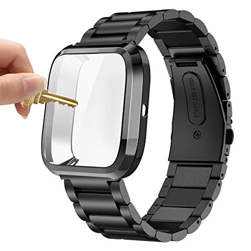 Maxjoy Compatible with Fitbit Versa Bands  Versa 2 Metal Band Large Stainless Steel Bracelet Wristband with Protective Cover Case for Men Women  Compatible with Fitbit Versa 2 1 Smart Watch  Black