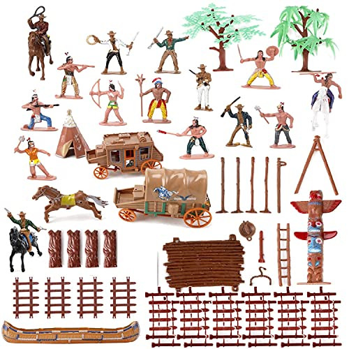 Liberty Imports Wild West Cowboys and Native American Indians Plastic Figure Soldiers Toys Bucket Playset (55 Pieces)