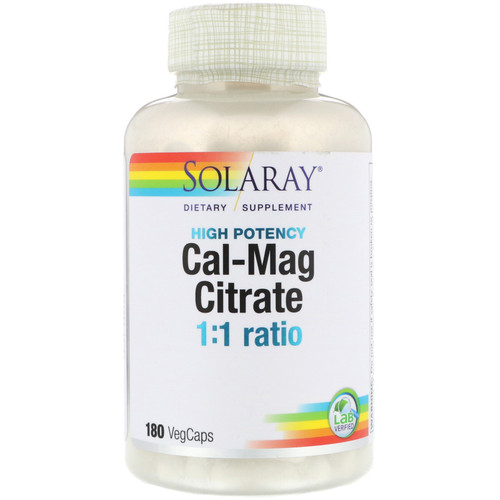 Solaray, Cal-Mag Citrate, 1:1 Ratio, High Potency, 180 VegCaps