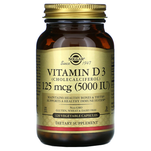 Solgar, Vitamin D3 (Cholecalciferol), 125 mcg (5000 IU), 120 Vegetable Capsules