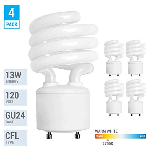 (4 Pack) 13 Watt Mini Spiral - GU24 Base - (60W Equivalent) - T2 Mini-Twist - CFL Light Bulb (Warm White (2700K), CFL)