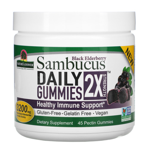 Nature's Answer, Black Elderberry Sambucus Daily Gummies, 2X Strength, 3,200 mg, 45 Pectin Gummies