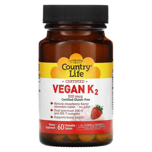 Country Life, Certified Vegan K2, Strawberry, 500 mcg, 60 Chewable Tablets