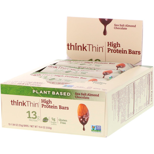 Think !, High Protein Bars, Sea Salt Almond Chocolate, 10 Bars, 1.94 oz (55 g) Each